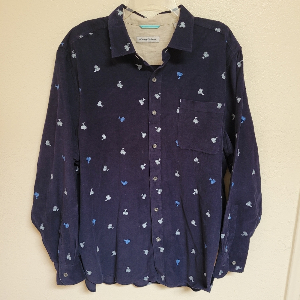 Tommy Bahams Navy Button-Up Shirt with Light Blue Palm Tree Print Fine Corduroy
